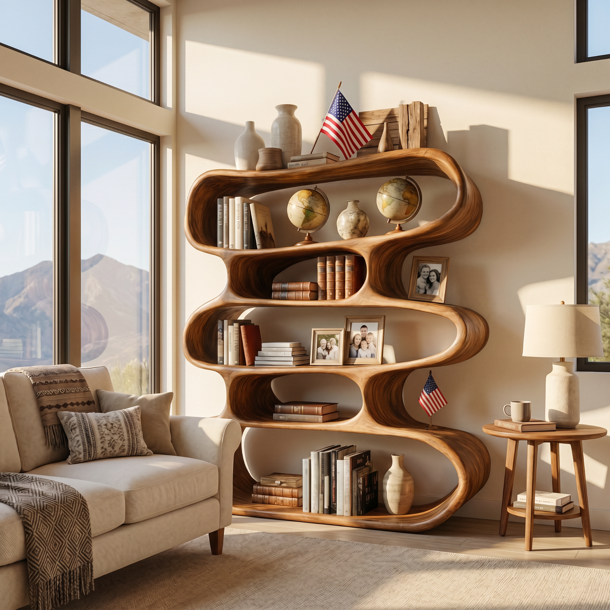 Organic Wavy Wooden Bookshelf Handmade Sculptural Solid Wood Modern Display Shelf