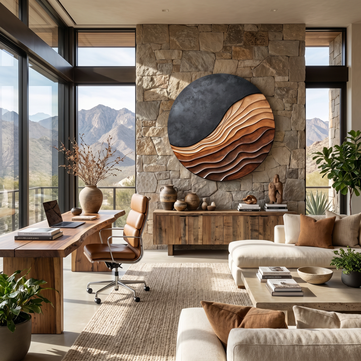 Round Layered Solid Wood Wall Sculpture with Flowing Relief and Textured Contrast
