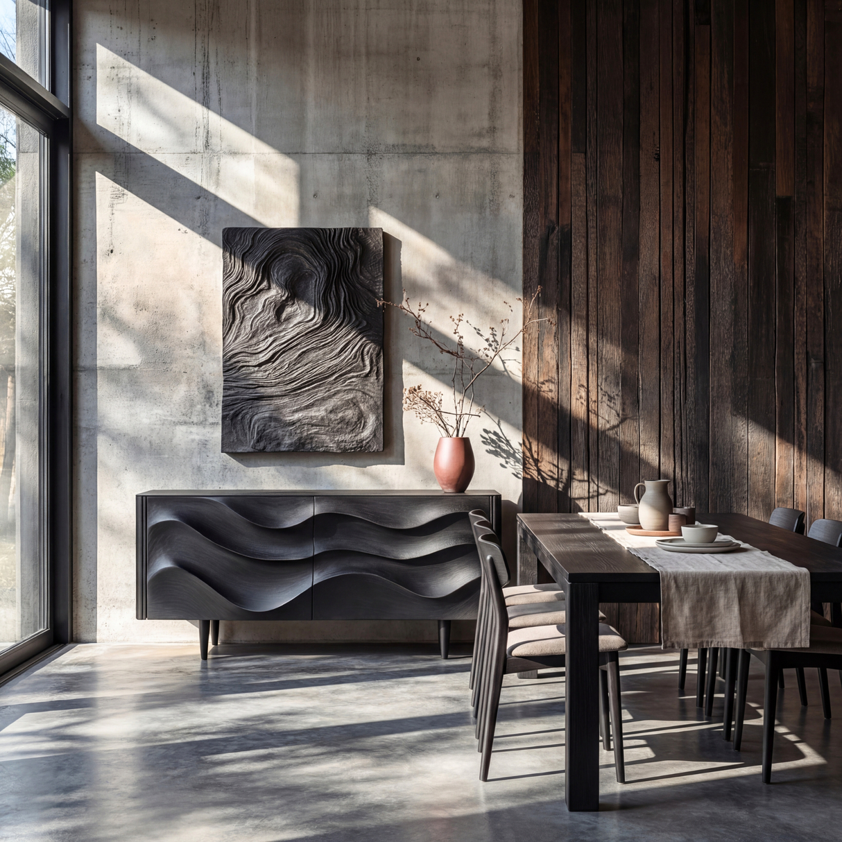 Sculpted Black Wave Sideboard for Modern Living Room and Dining Storage