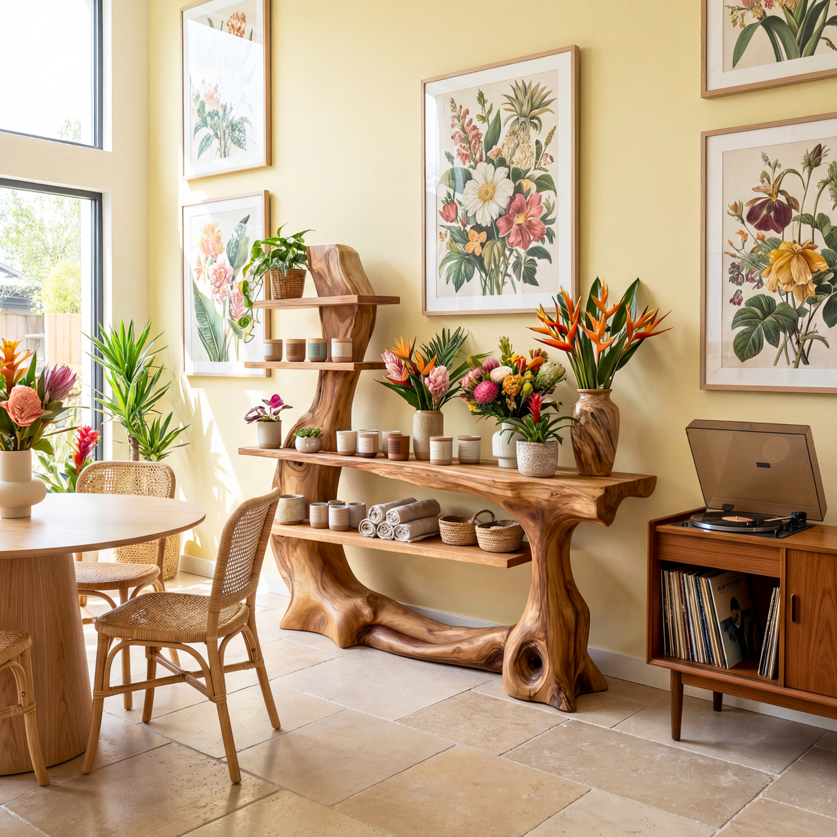 Organic Solid Wood Console Table with Sculptural Base and Open Tier Shelving Artistic Freeform Console Table