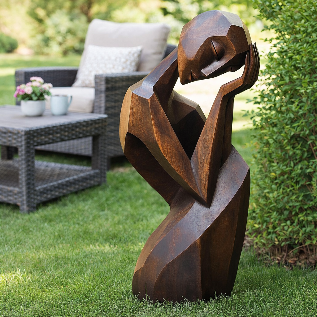 Solid Wood Abstract Resting Figure Floor Sculpture for Modern Interiors and Covered Outdoor Spaces