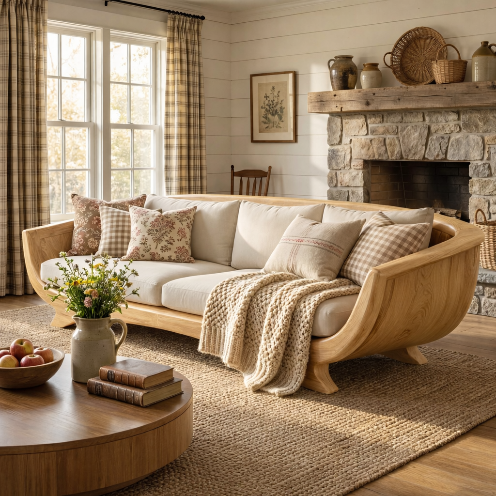 Solid Wood Curved Lounge Sofa with Sculptural Framed Sides for Living Room