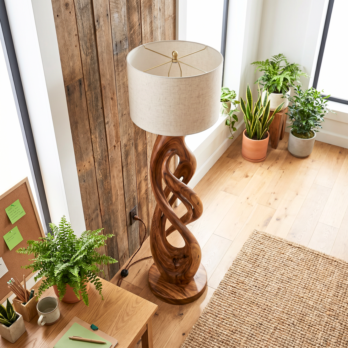 Handcrafted Wood Floor Lamp with Interlaced Ribbon Base