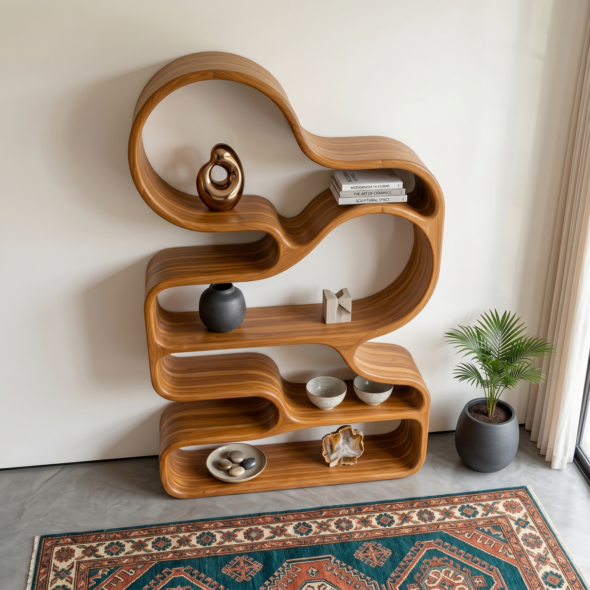 Organic Solid Wood Bookshelf with Cloud-Shaped Open Shelves