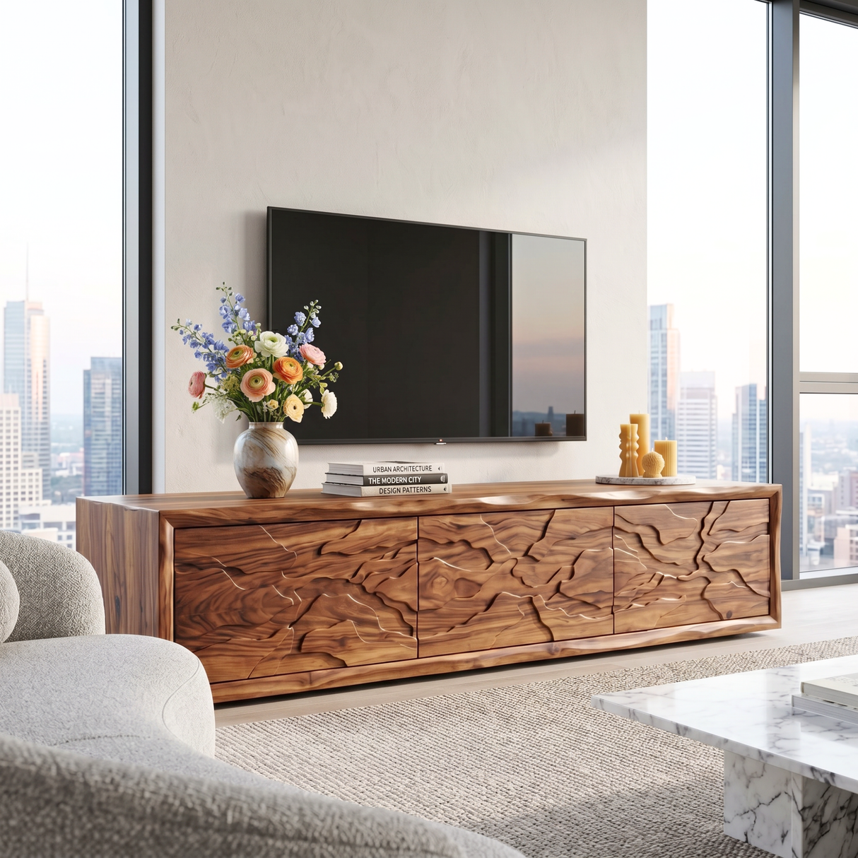 Solid Wood TV Console with Organic Landscape Carved Doors
