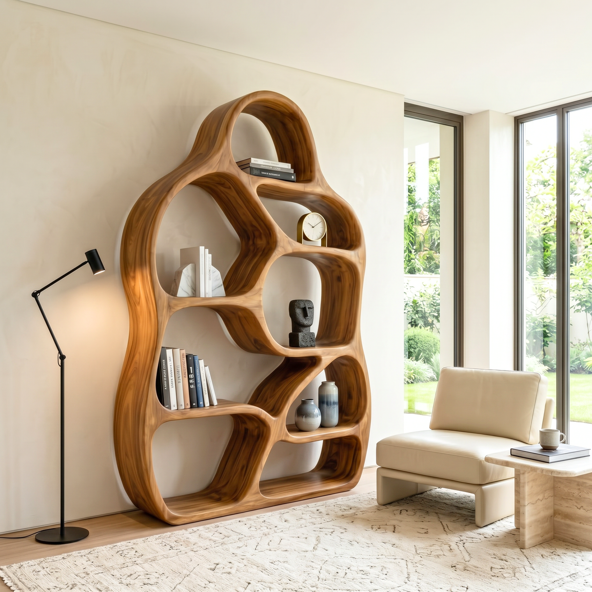 Organic Solid Wood Bookshelf with Asymmetrical Rounded Compartments