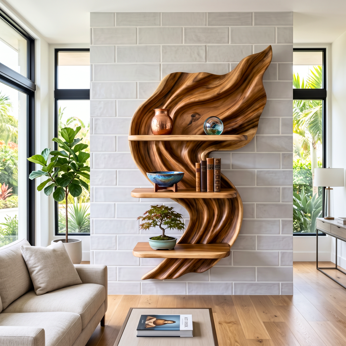 Flowing Flame Wood Wall Shelf with Three Display Tiers