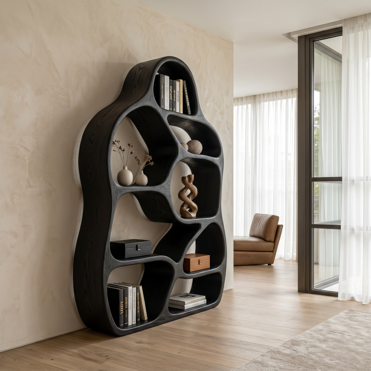 Organic Solid Wood Bookshelf with Asymmetrical Rounded Compartments