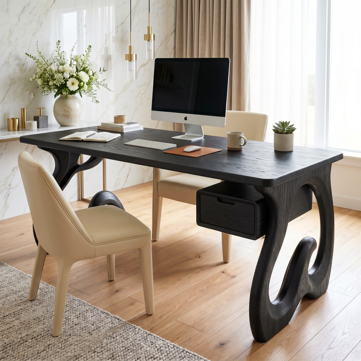 Organic Solid Wood Desk with Sculptural Loop Legs and Floating Drawer