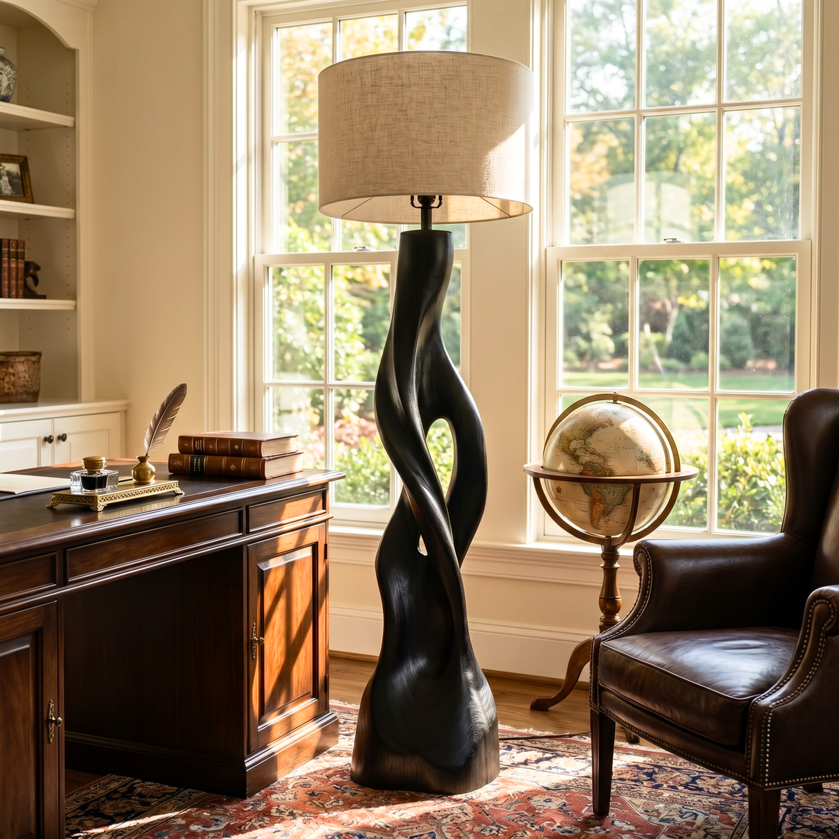 Handcrafted Wood Floor Lamp with Twisting Open-Carved Base