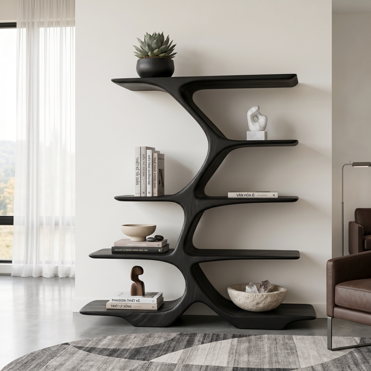 Organic Solid Wood Display Shelf with Branching Open Shelves