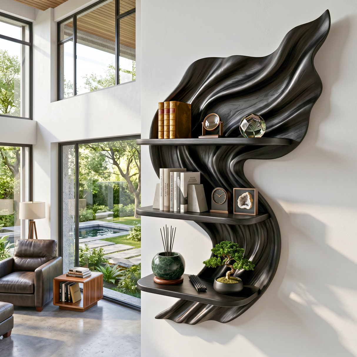 Flowing Flame Wood Wall Shelf with Three Display Tiers
