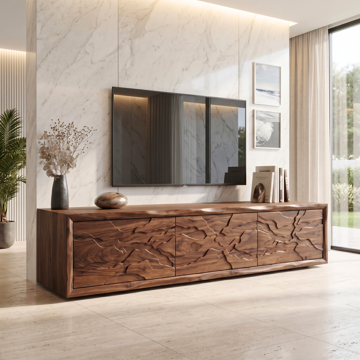 Solid Wood TV Console with Organic Landscape Carved Doors