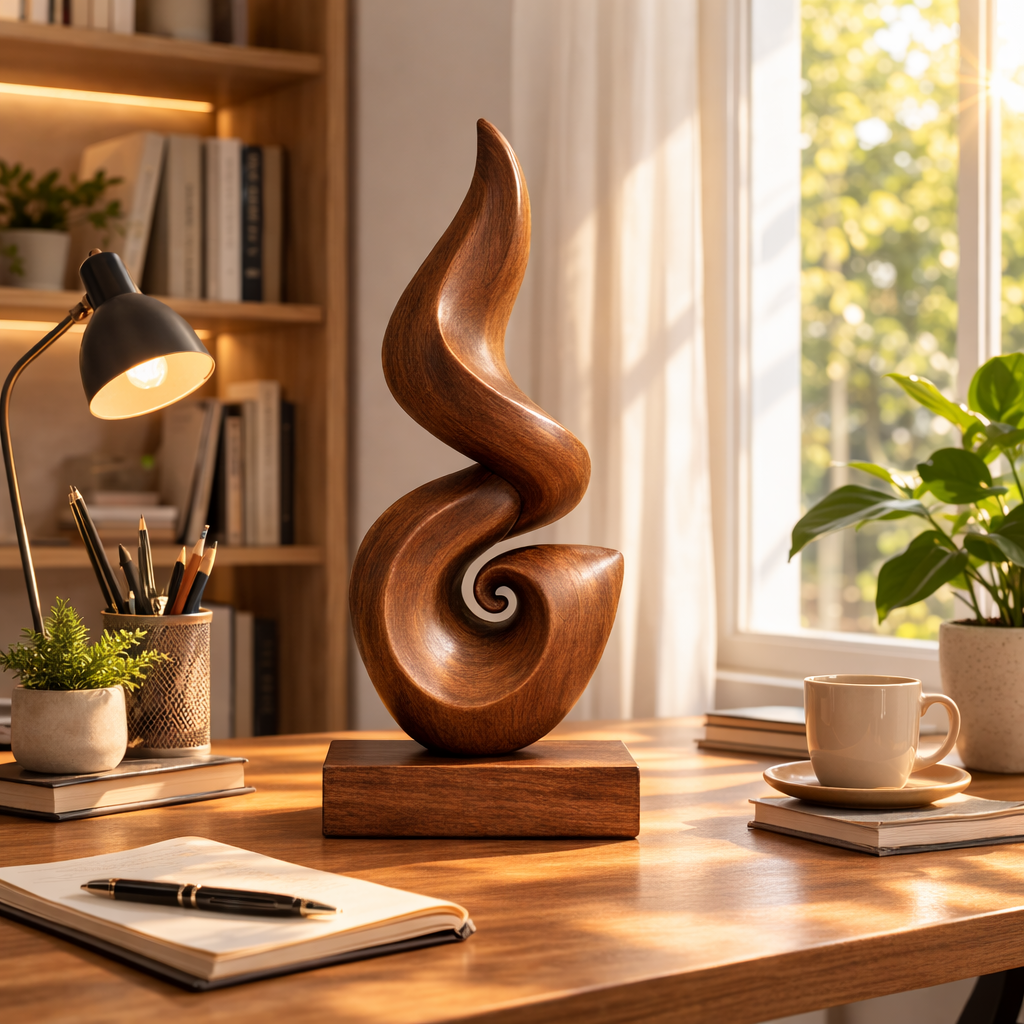 Abstract Spiral Wood Sculpture Modern Tabletop Art Decor