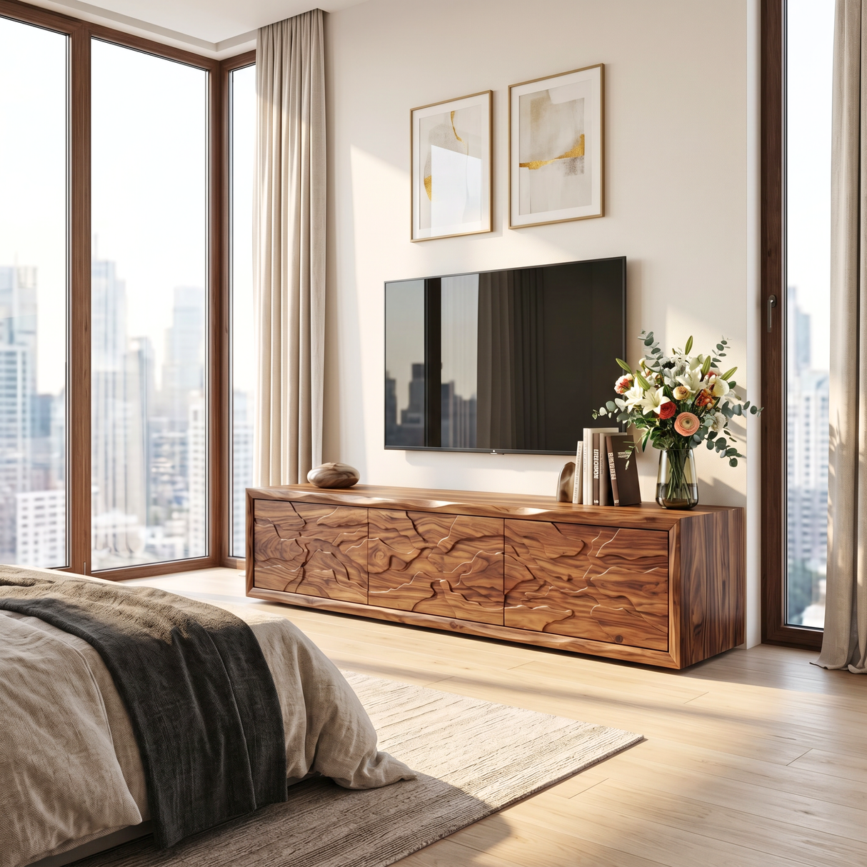 Solid Wood TV Console with Organic Landscape Carved Doors