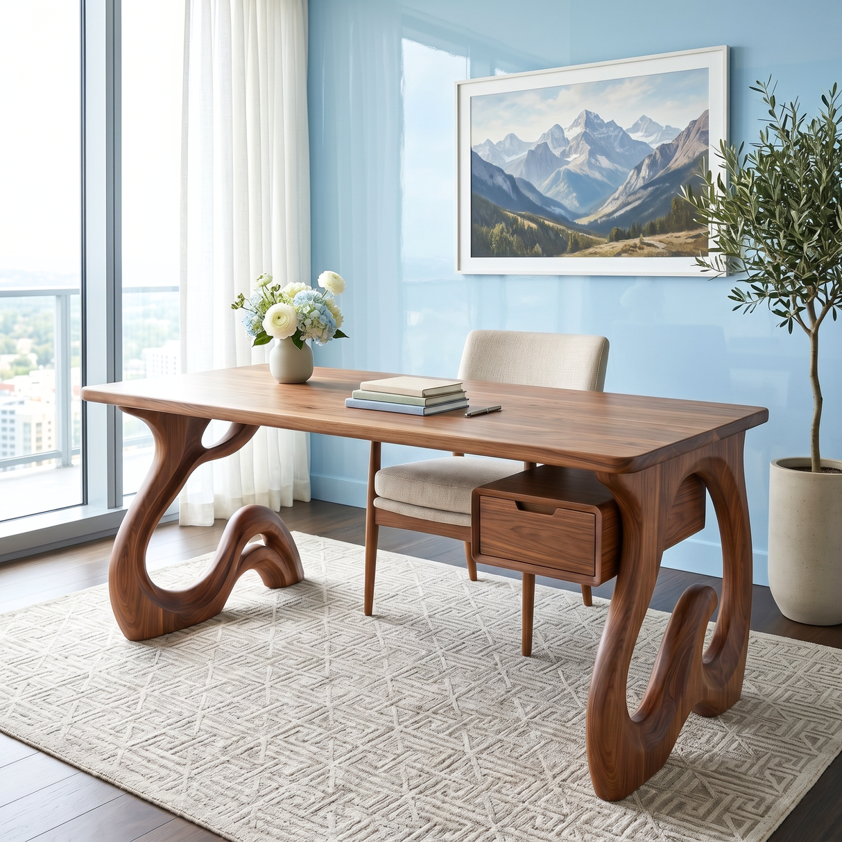 Organic Solid Wood Desk with Sculptural Loop Legs and Floating Drawer