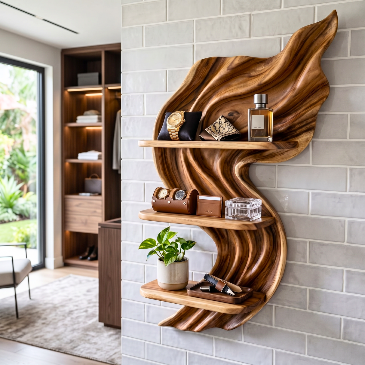 Flowing Flame Wood Wall Shelf with Three Display Tiers