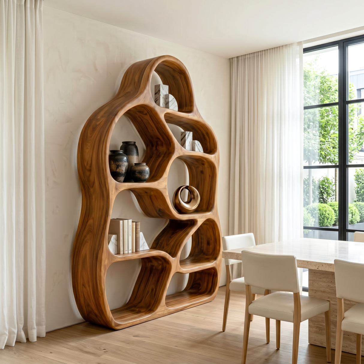 Organic Solid Wood Bookshelf with Asymmetrical Rounded Compartments
