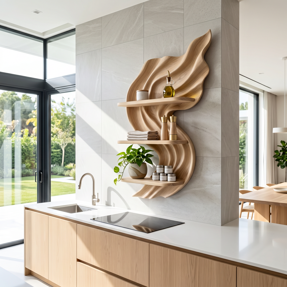 Flowing Flame Wood Wall Shelf with Three Display Tiers