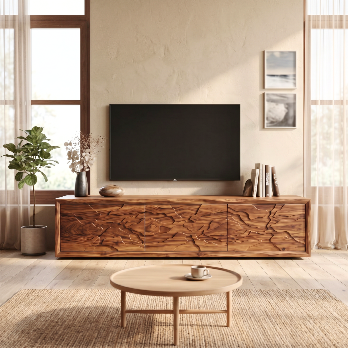 Solid Wood TV Console with Organic Landscape Carved Doors