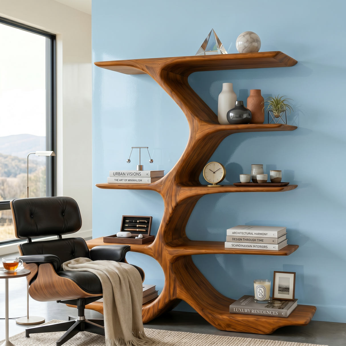 Organic Solid Wood Display Shelf with Branching Open Shelves