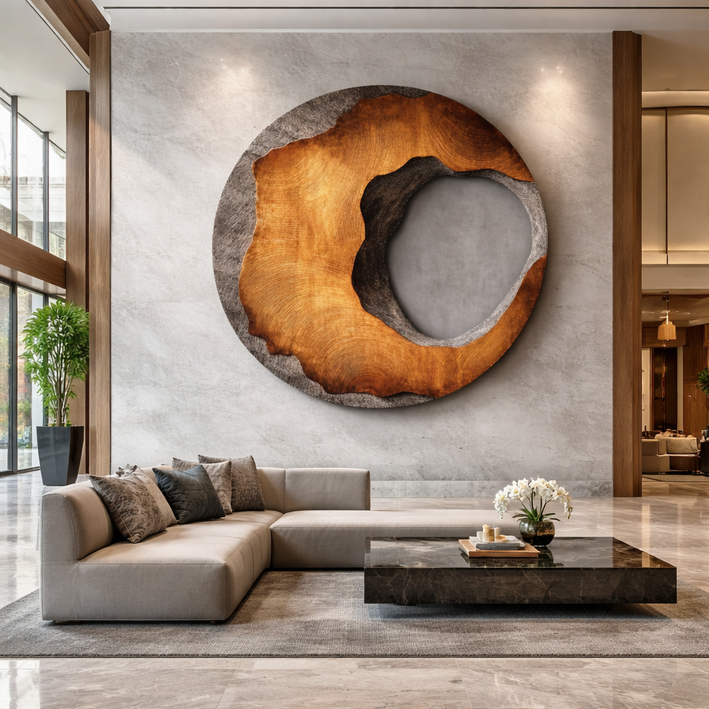 Eroded Edge Round Solid Wood Wall Sculpture for Modern Interiors
