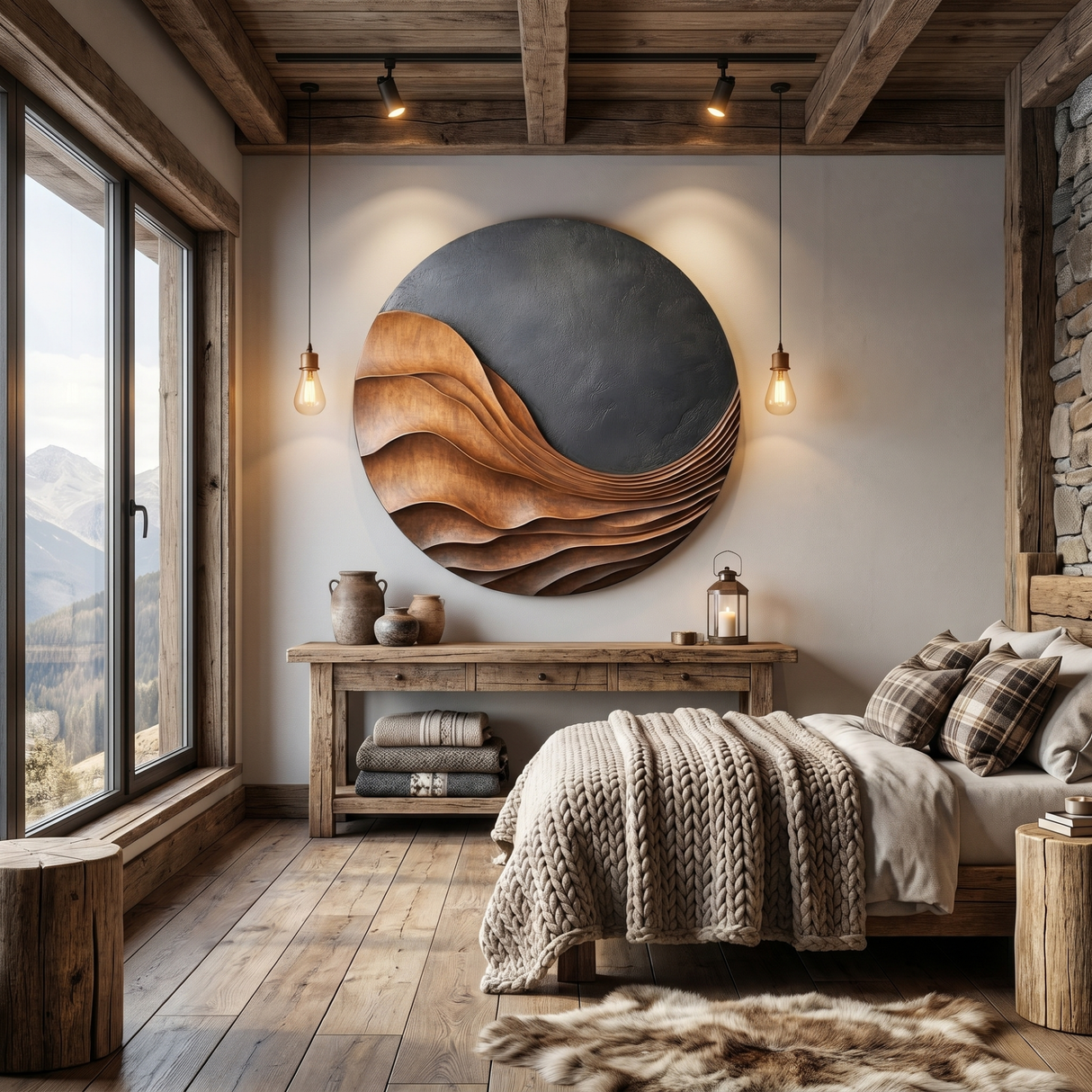 Handcrafted Round Wood Wall Sculpture with Flowing Layered Relief and Charcoal Textured Contrast