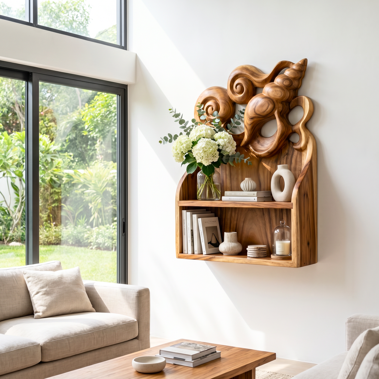Seashell Carved Wood Wall Shelf for Bathroom Storage