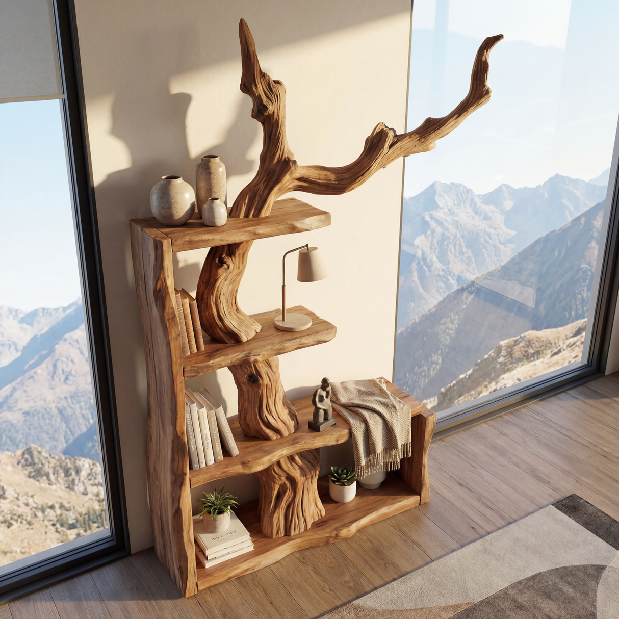 Sculptural Solid Wood Bookshelf with Tree Branch Form Organic Modern