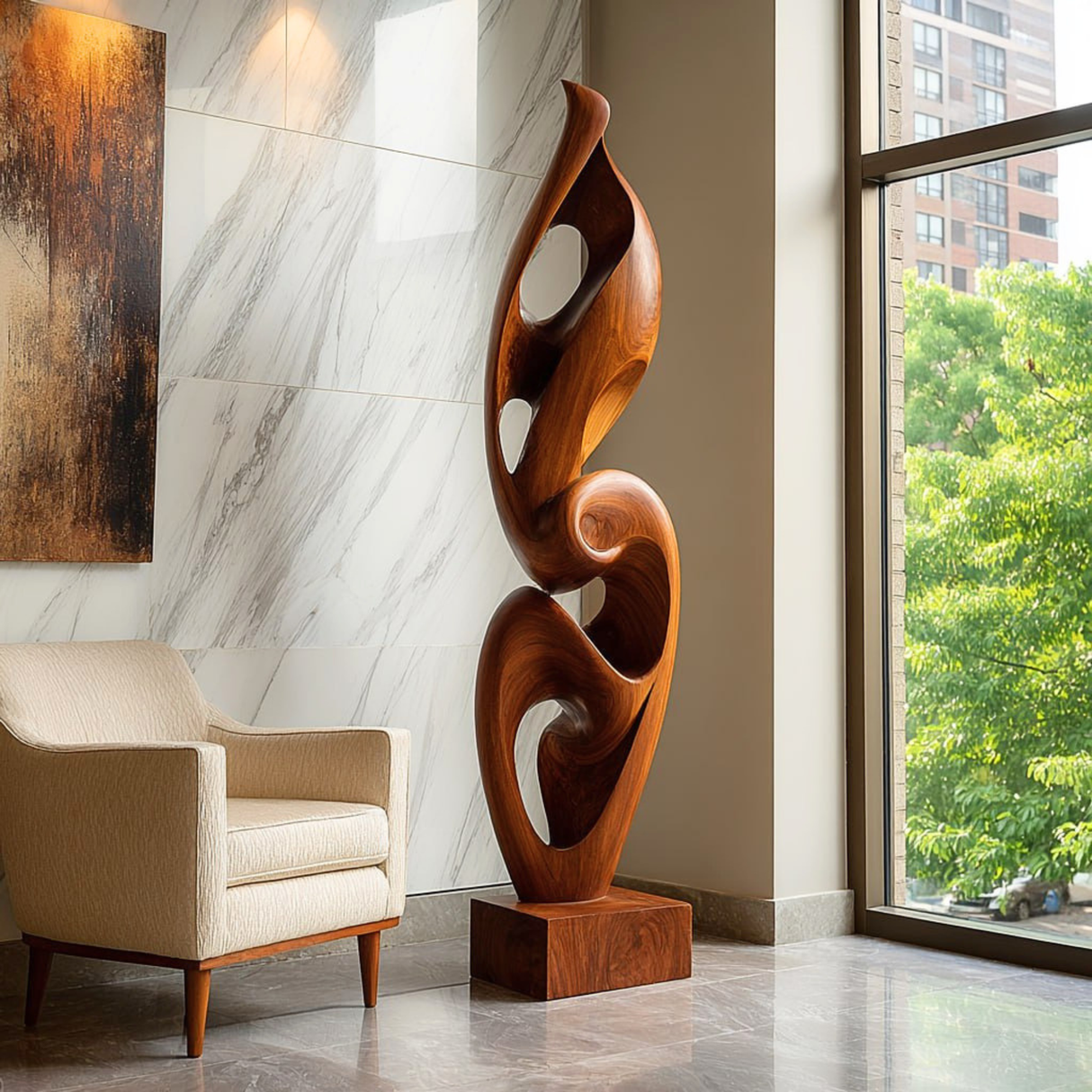 Handcrafted Solid Wood Ascending Spiral Floor Sculpture with Open Carved Form