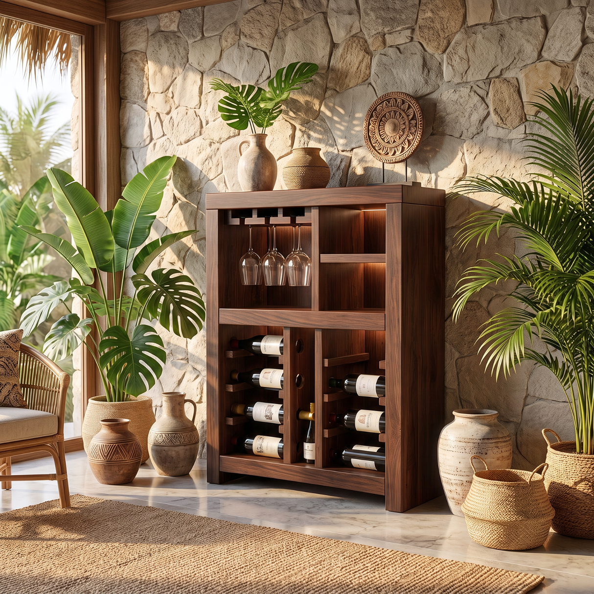 Solid Wood Wine Cabinet with Bottle Racks and Stemware Storage for Home Bar
