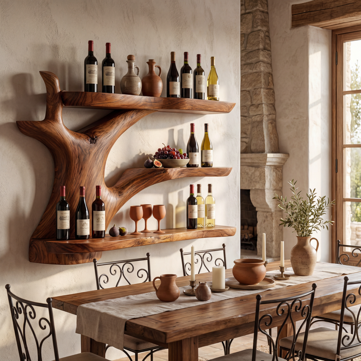 Handcrafted Solid Wood Wall Mounted Bar Shelf with Organic Open Display