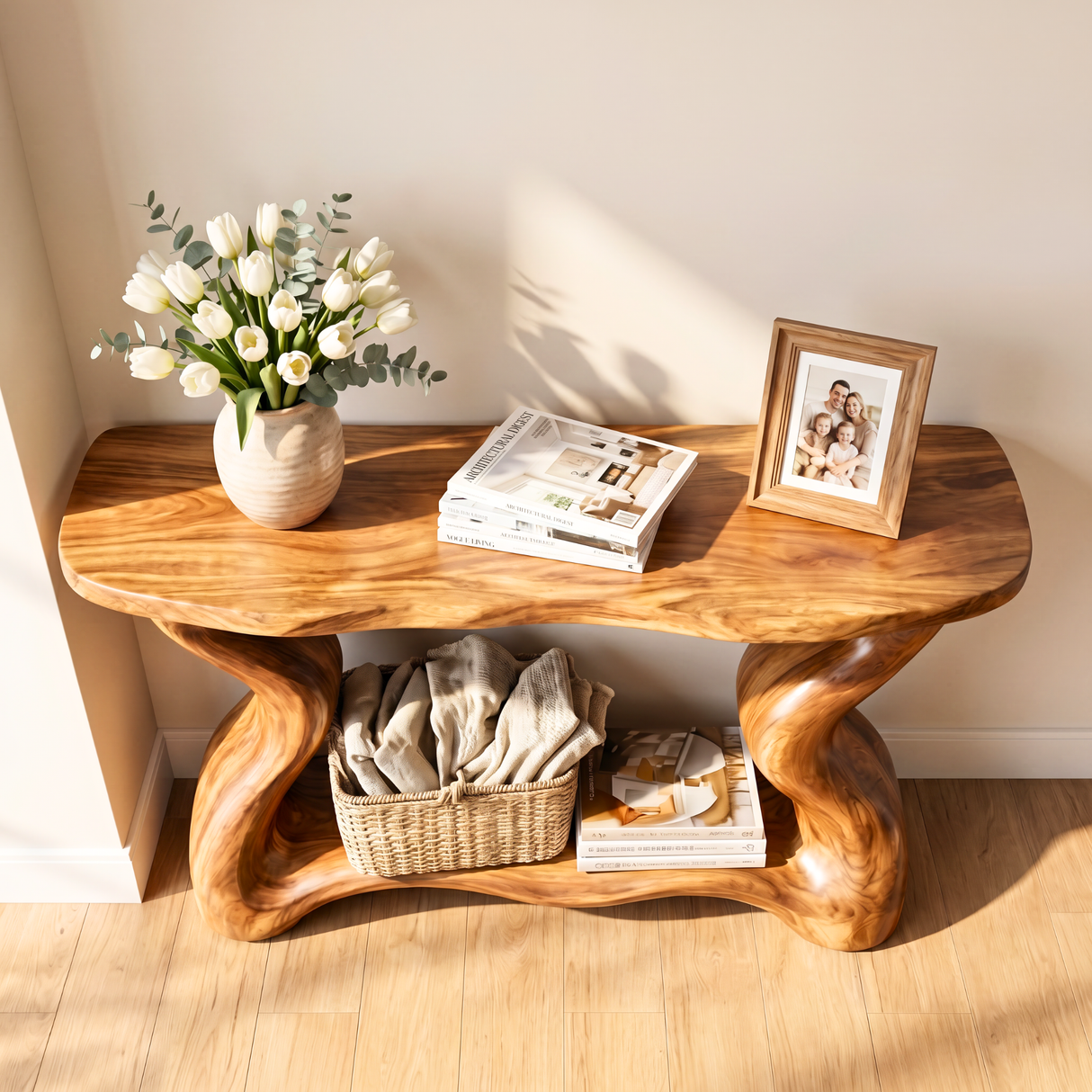Handmade Wooden Console Table Organic Sculptural Entryway Shelf