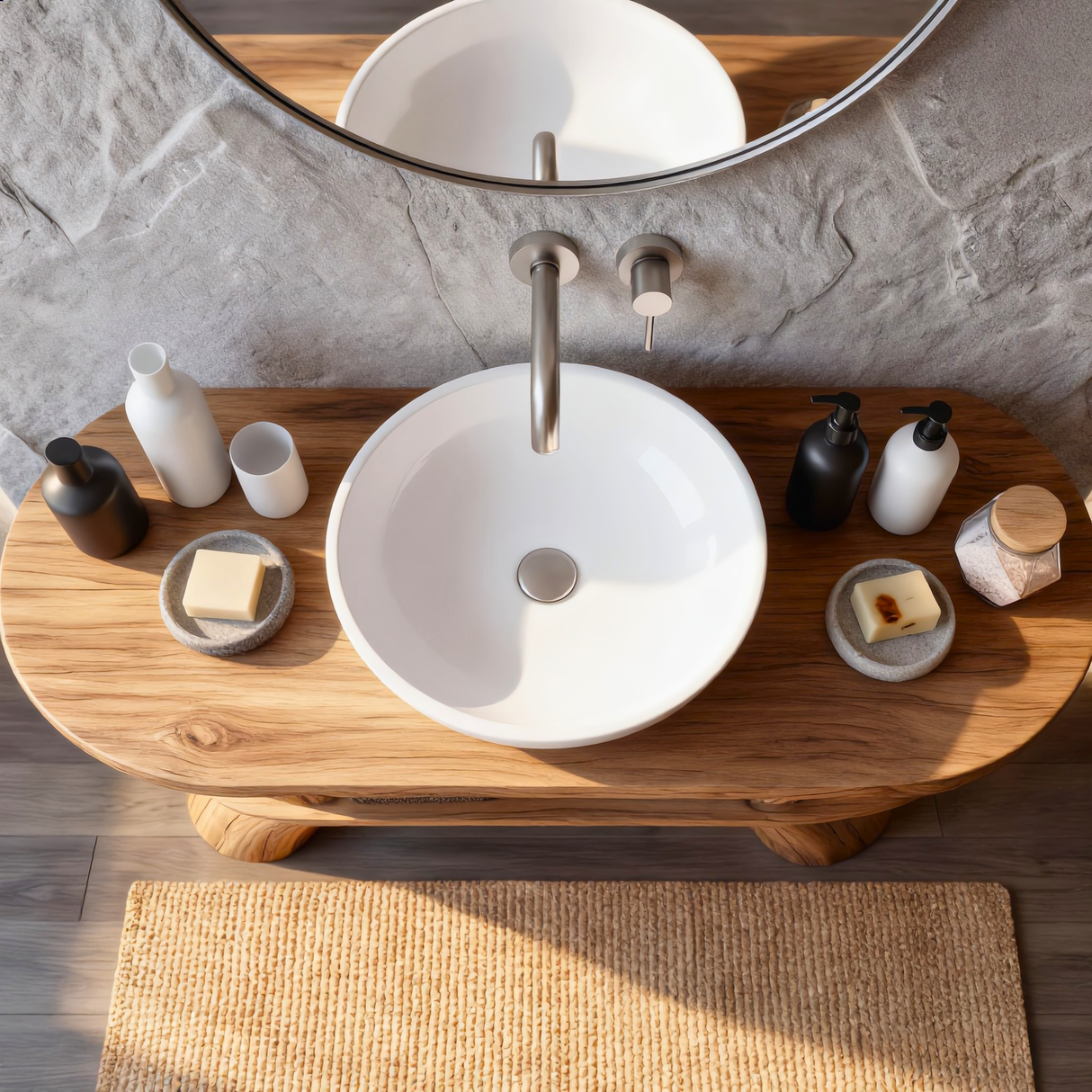 Handcrafted Solid Wood Bathroom Vanity Organic Modern Rustic Wood Vanity with Open Shelf
