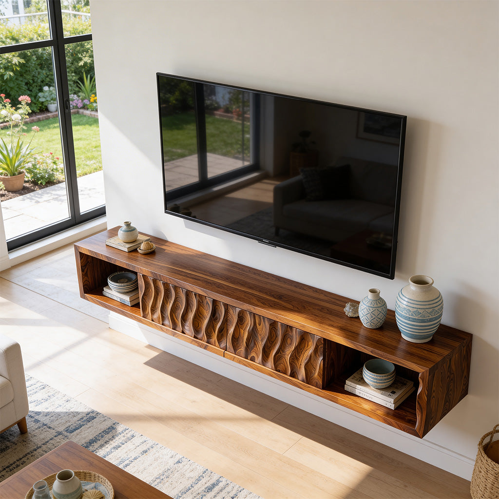 Floating Sculpted Wood TV Console with Wave Front