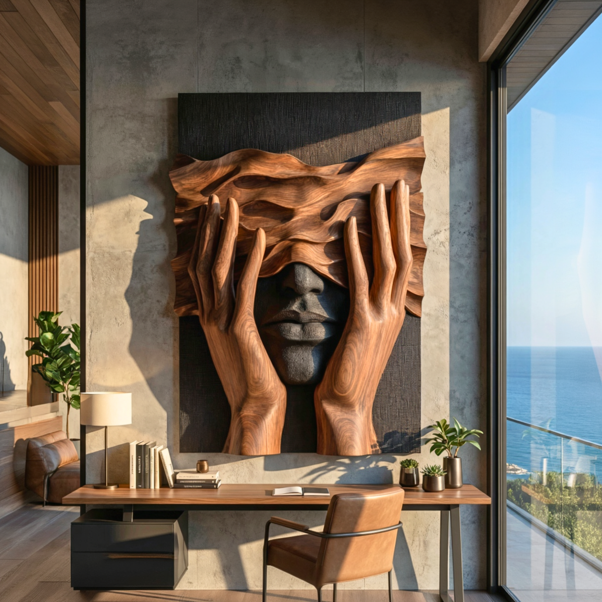 Handcrafted Solid Wood Wall Art Panel with Surreal Portrait and Sculptural Hands Relief