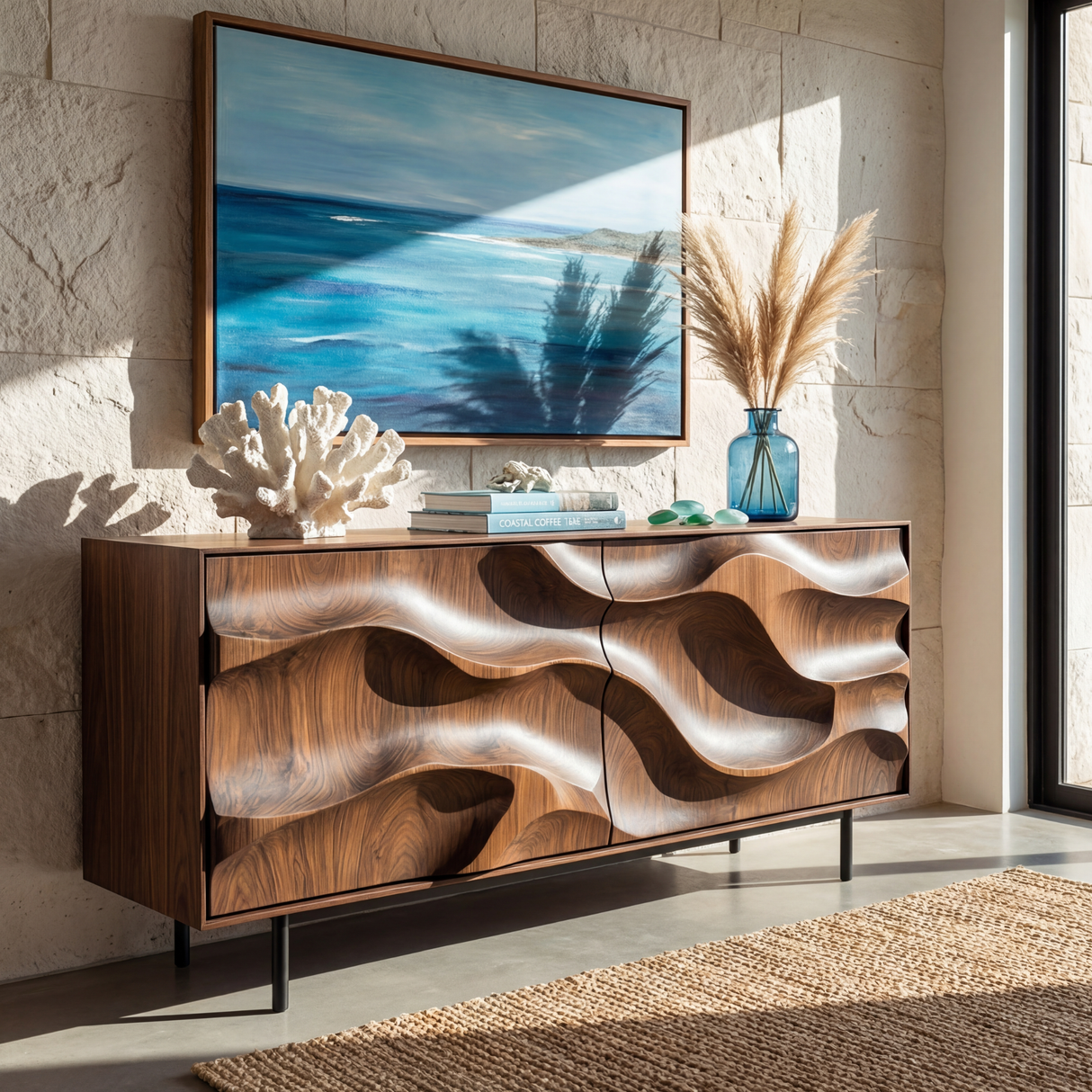 Sculpted Wave Front Solid Wood Sideboard Cabinet