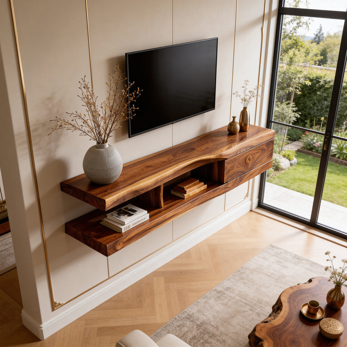Floating Live Edge Wood TV Console with Drawer