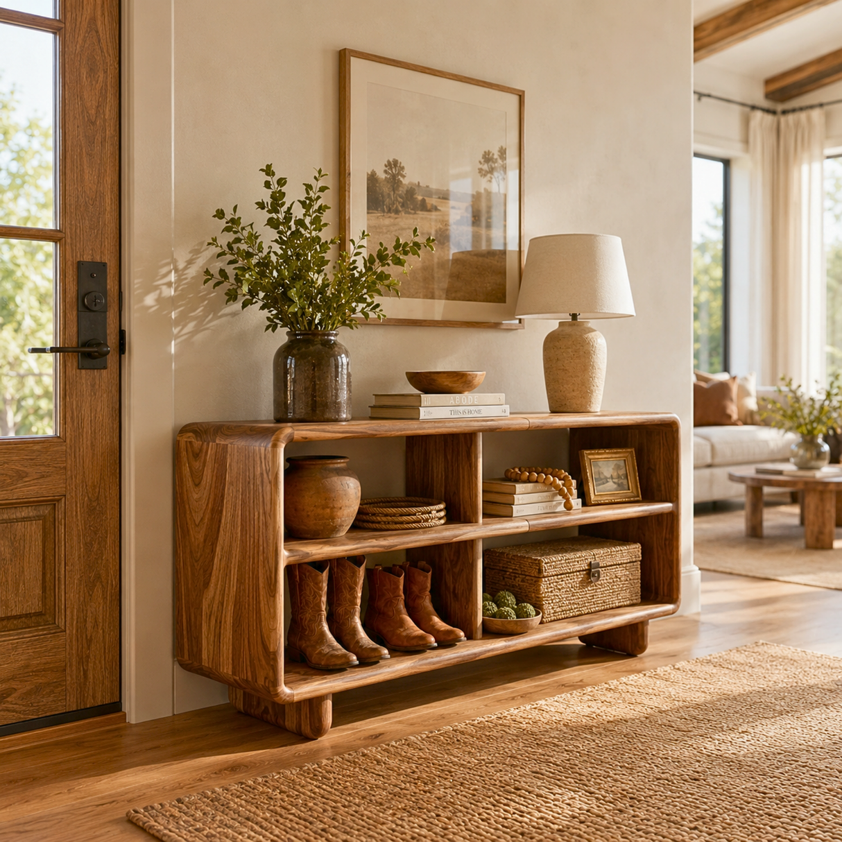 Solid Wood Open Shelf Sideboard with Rounded Edge Storage Design