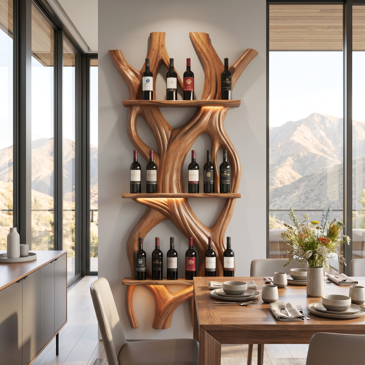 Sculptural Wooden Wine Display Organic Wall Mounted Bottle Rack