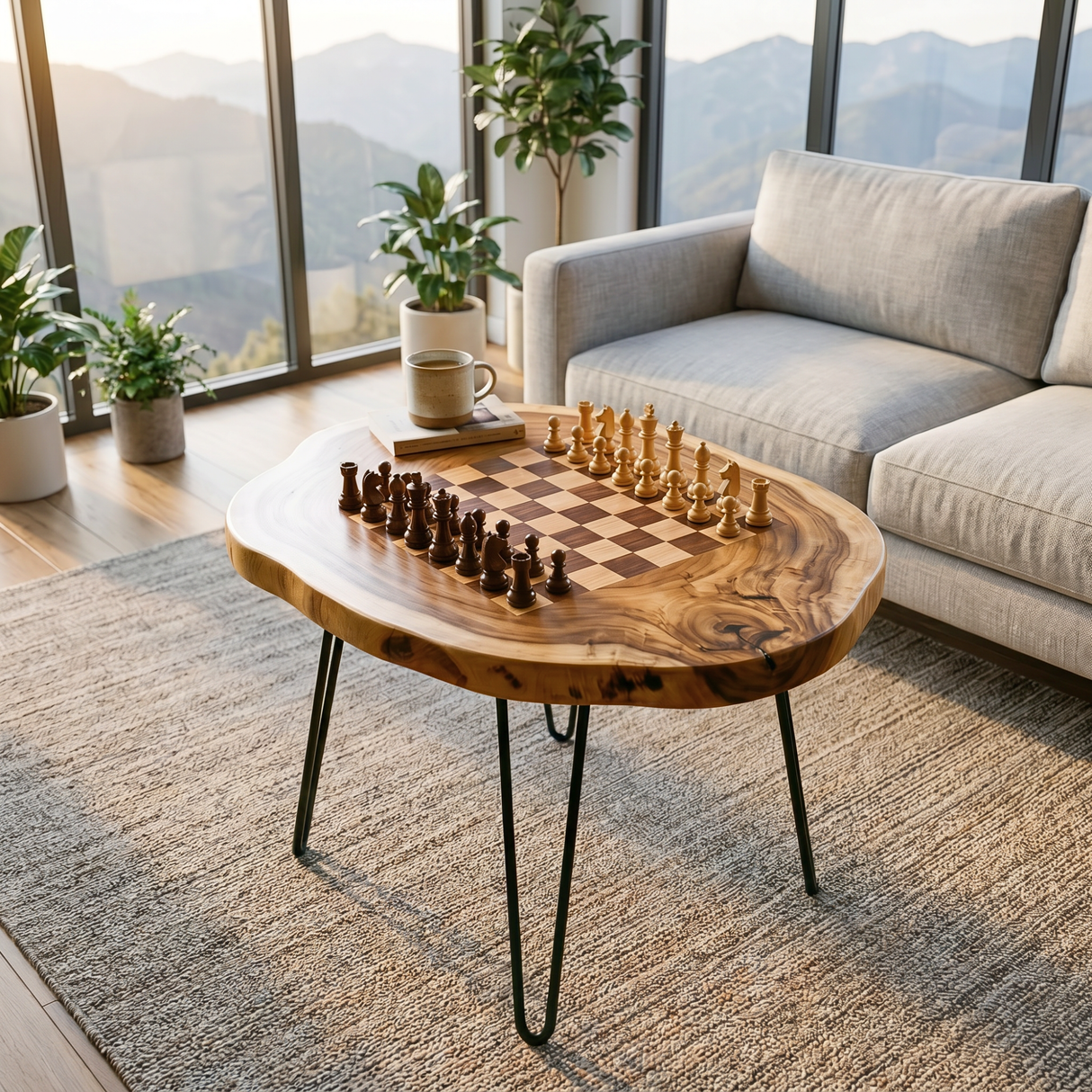 Handcrafted Solid Wood Chess Coffee Table with Organic Slab Top and Hairpin Legs