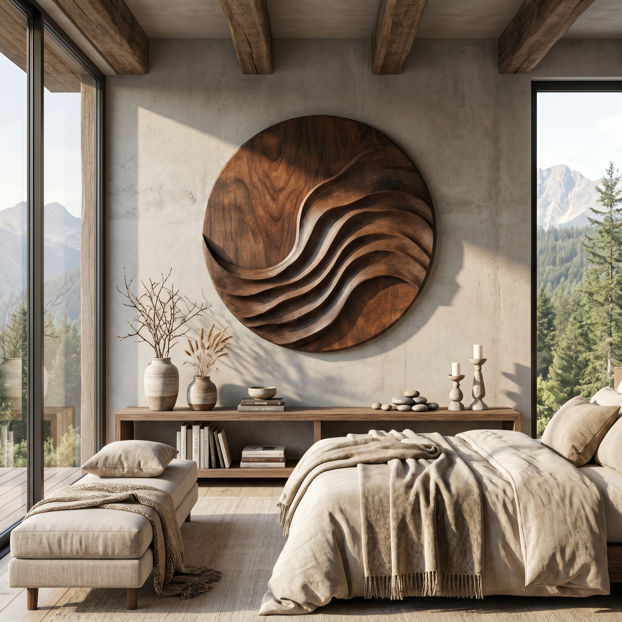 Large Handcrafted Wood Wall Sculpture with Layered Ribbon Relief for Living Room