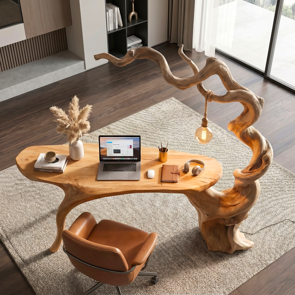 Twisted Branch Solid Wood Desk With Hanging Lamp Organic Modern Sculptural Workspace