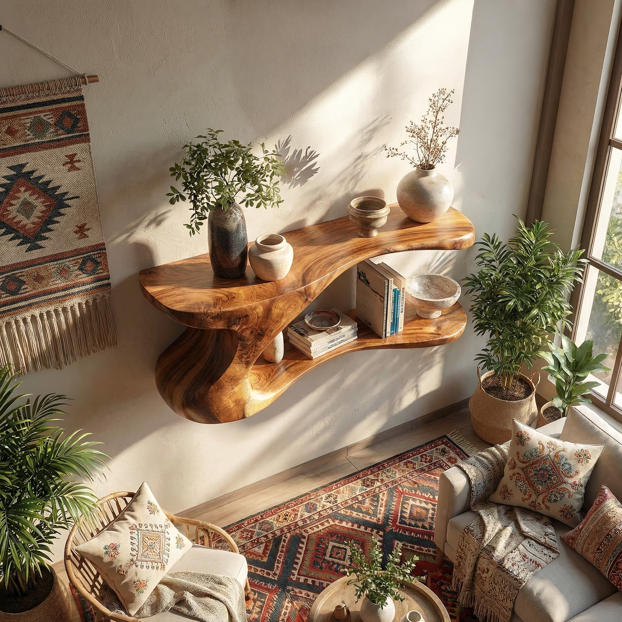 Sculptural Solid Wood Wall Shelf with Organic Flow