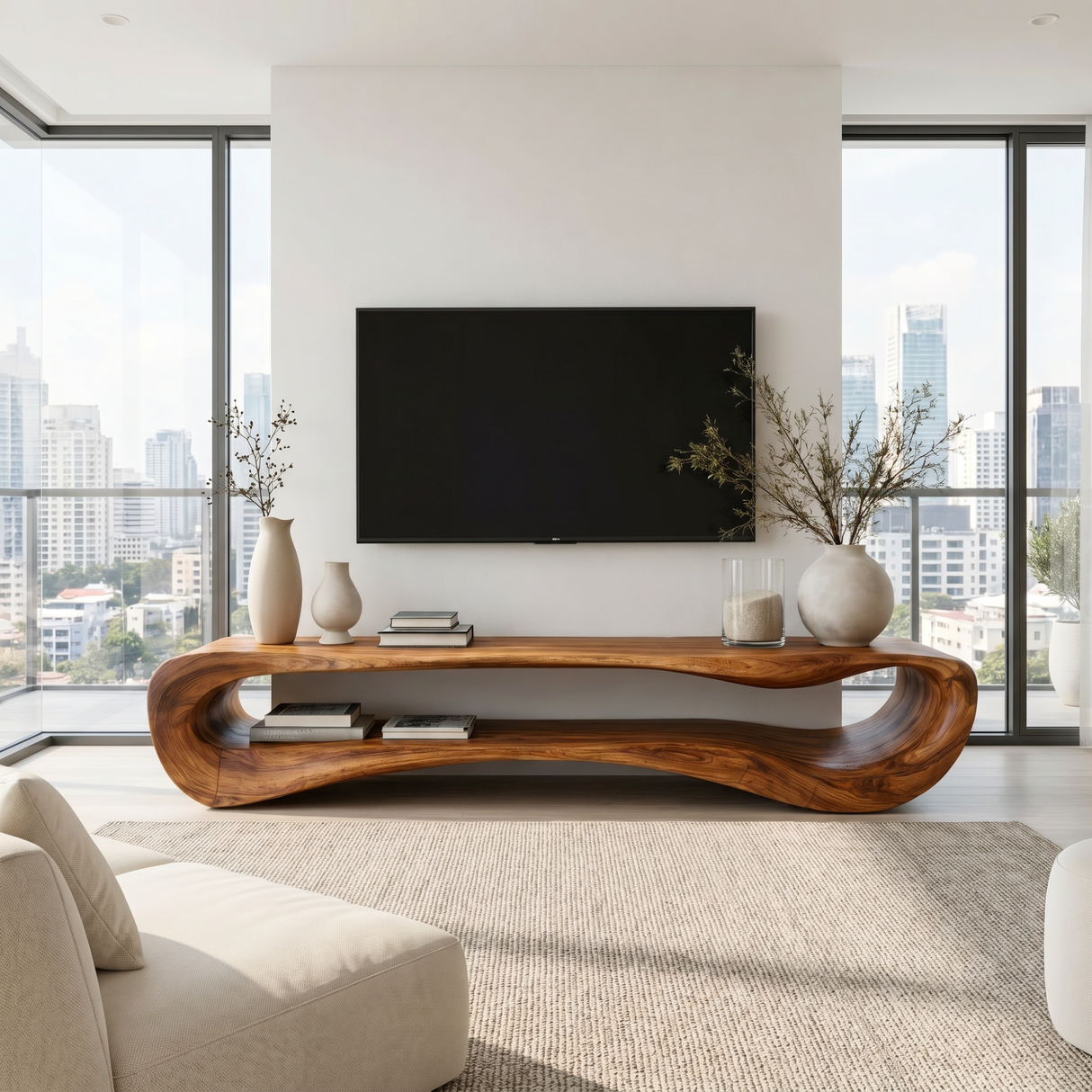 Organic Solid Wood TV Stand with Curved Open Shelf