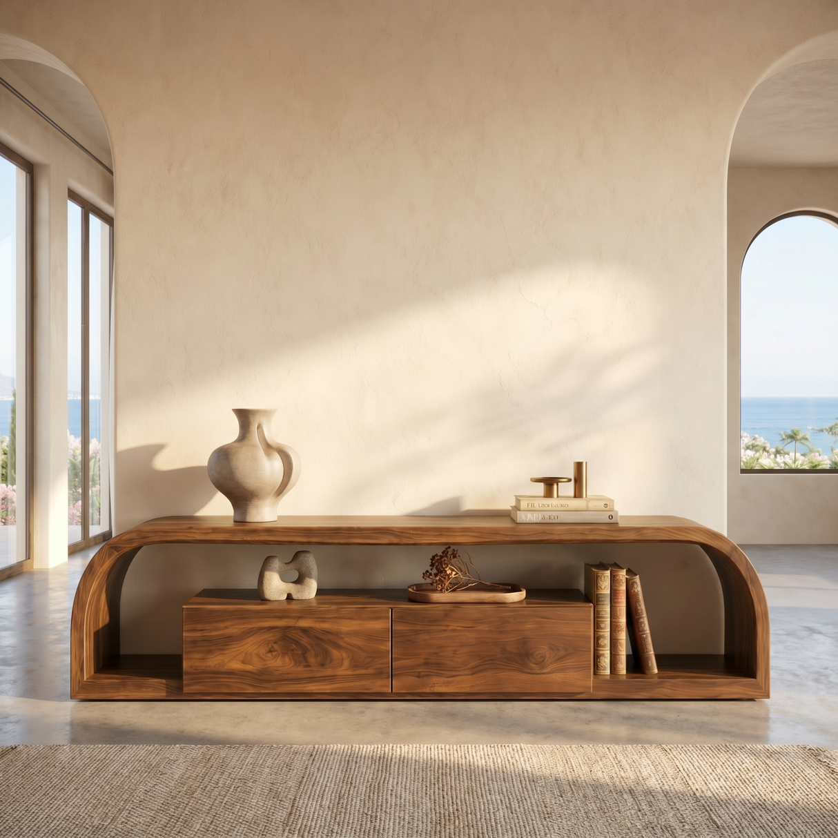 TV Console Solid Wood with Rounded Frame and Cabinet Storage for Living Room