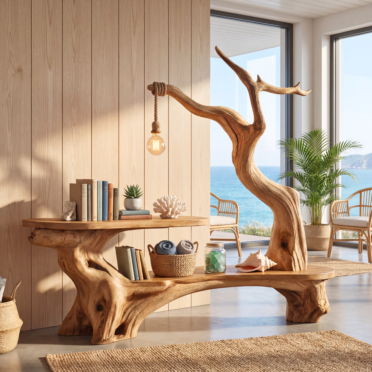 Sculptural Solid Wood Desk with Hanging Light Tree Inspired Writing Table Organic Modern Workspace