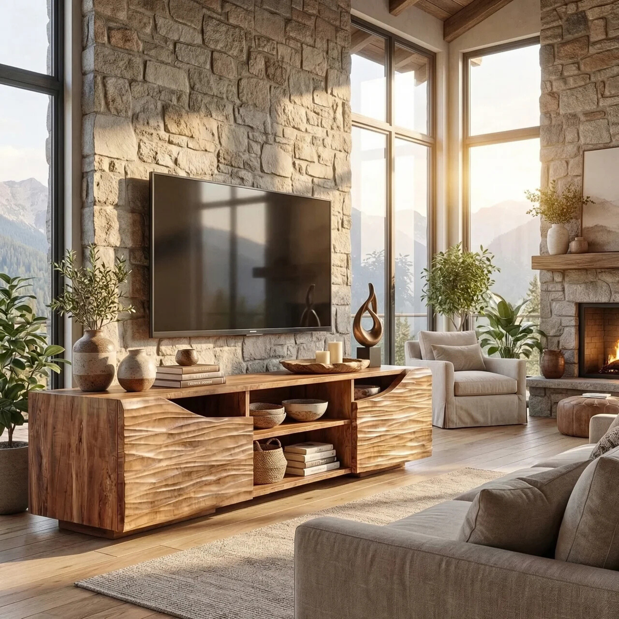 Sculptural Wood TV Cabinet with Carved Wave Doors for Modern Interiors