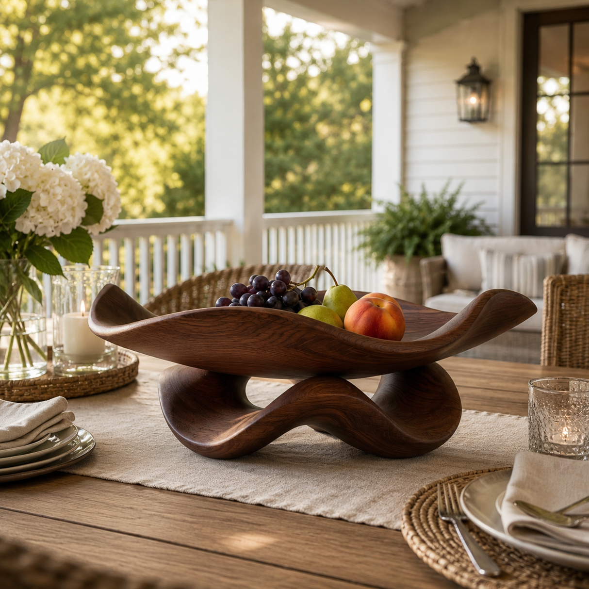 Solid Wood Ripple Fruit Bowl with Sculptural Wave Base and Flowing Rim