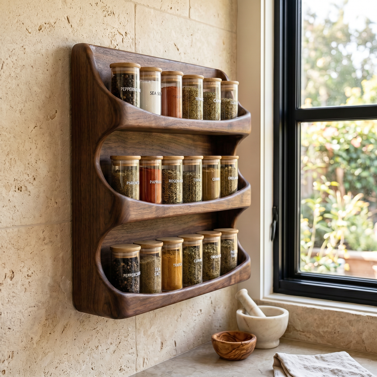 Handcrafted Wooden Wall Spice Rack with Flowing Wave Shelves for Kitchen Storage